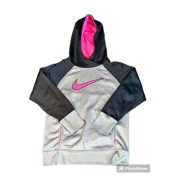 Girls Black Grey Pink Nike Large Therma Fit Hoodie Pullover Jacket EUC - Picture 1 of 5